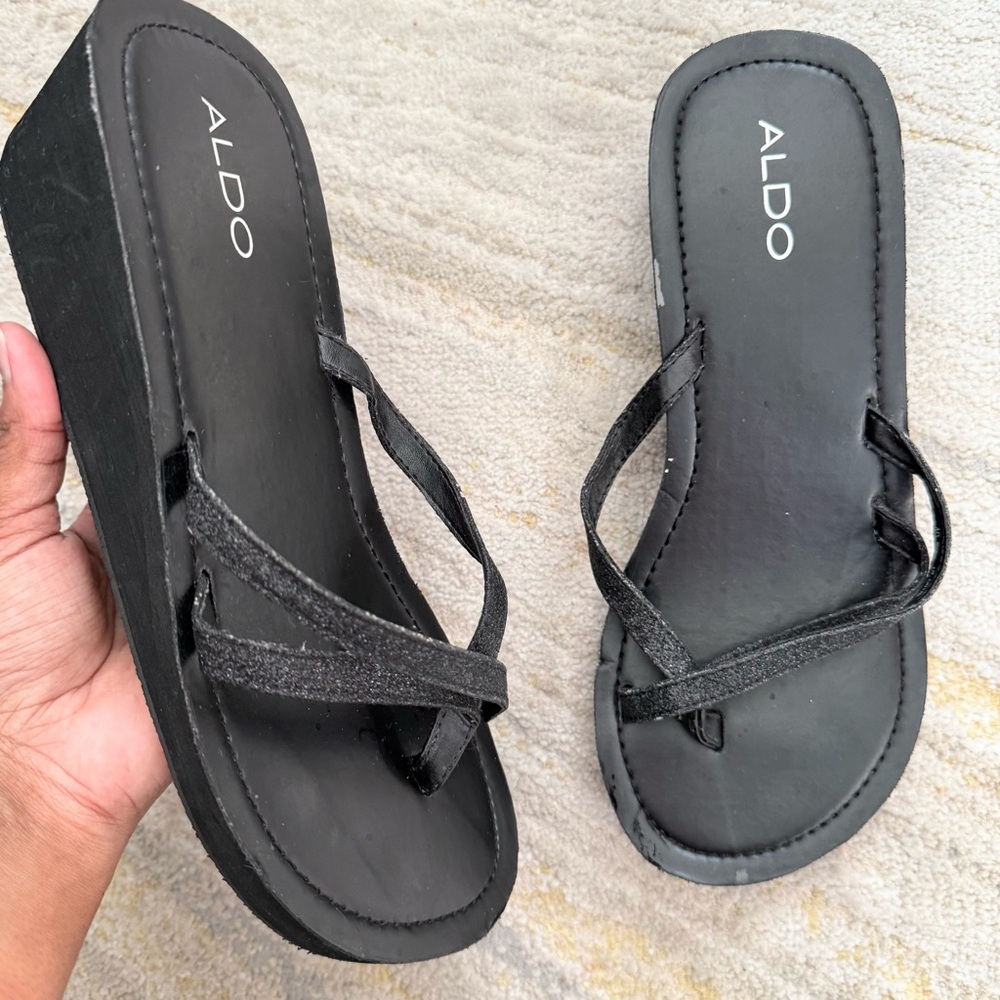 Aldo Black Platform Wedge Slipper Sandals Size 8